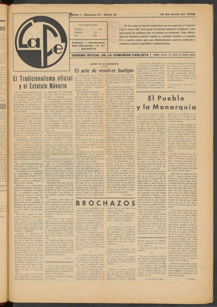Miniatura de La fe : órgano oficial de la comunidad carlista del 12 de junio de 1936