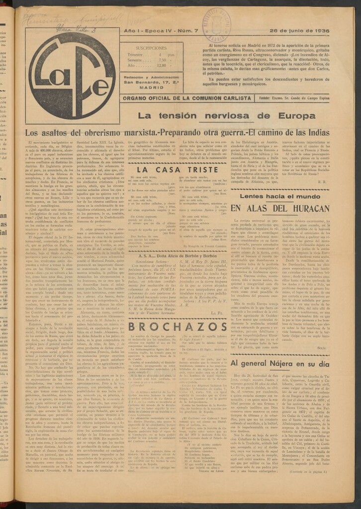 Miniatura de La fe : órgano oficial de la comunidad carlista del 26 de junio de 1936