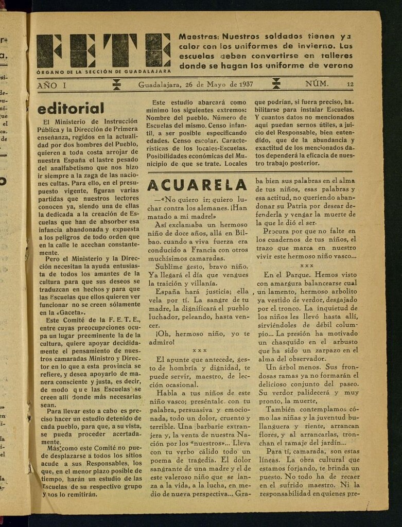Miniatura de FETE : órgano de la sección de Guadalajara del 26 de mayo de 1937