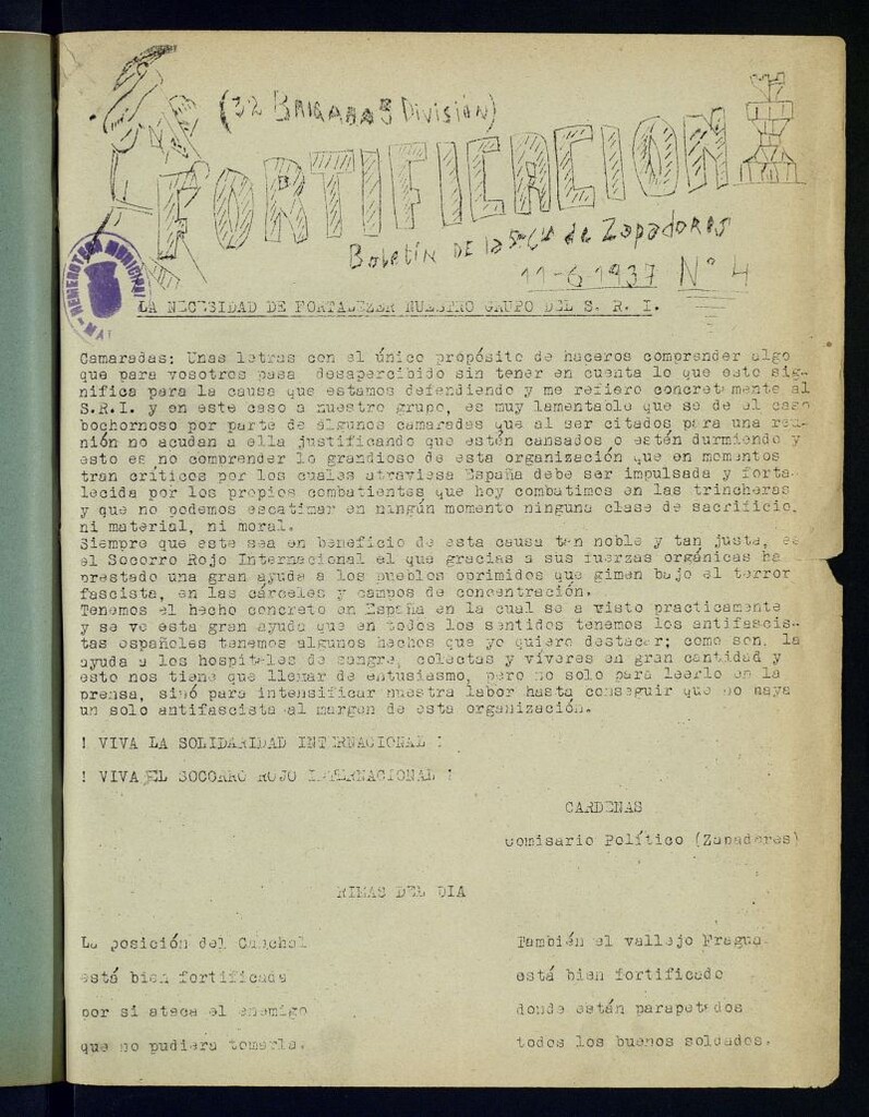 Miniatura de Fortificación : 32 Brigada, 3ª División. Boletín de la 5ª compañía de Zapadores del 11 de junio de 1937