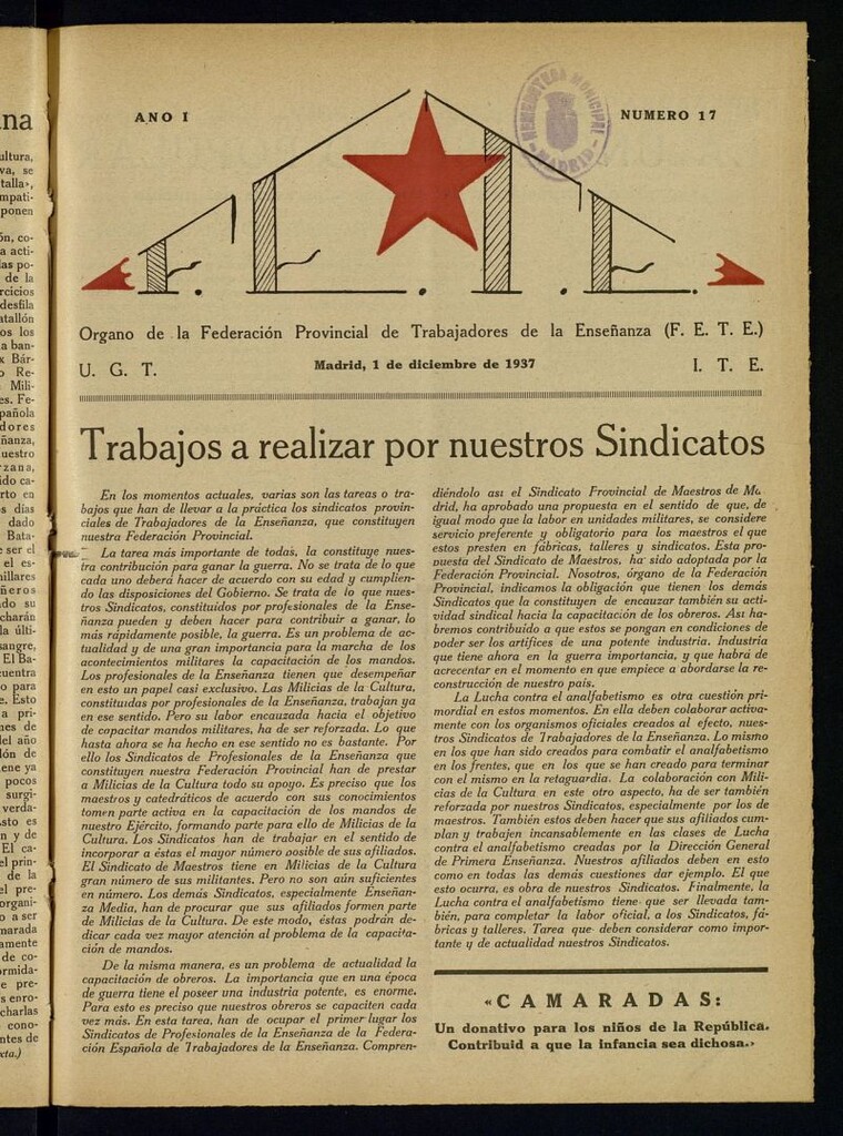 Miniatura de FETE : Órgano de la Federación Provincial de Trabajadores de la Enseñanza del 1 de diciembre de 1937