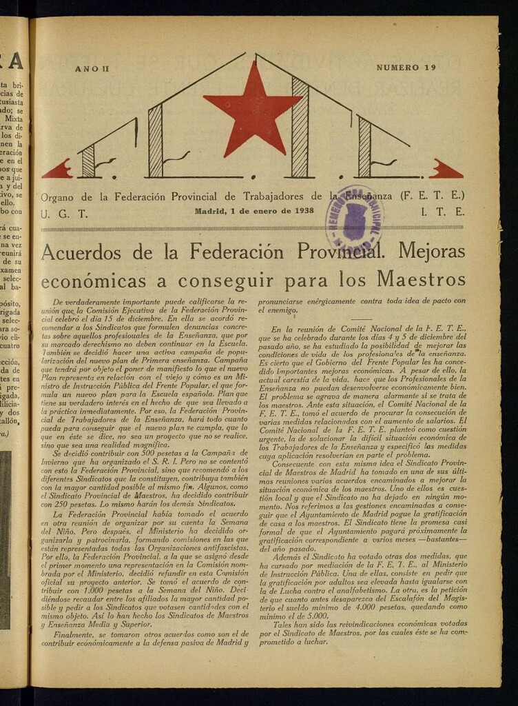 Miniatura de FETE : Órgano de la Federación Provincial de Trabajadores de la Enseñanza del 1 de enero de 1938