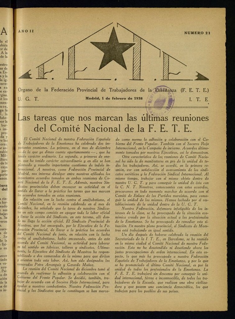Miniatura de FETE : Órgano de la Federación Provincial de Trabajadores de la Enseñanza del 1 de febrero de 1938