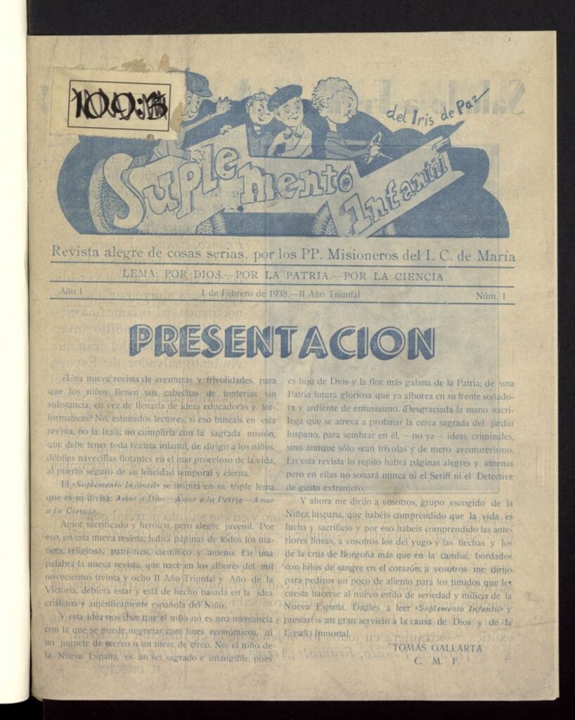 Miniatura de Iris de Paz. Suplemento Infantil : Revista alegre de las cosas serias, por los P.P. Misioneros del Inmaculado Corazón de María del 1 de febrero de 1938