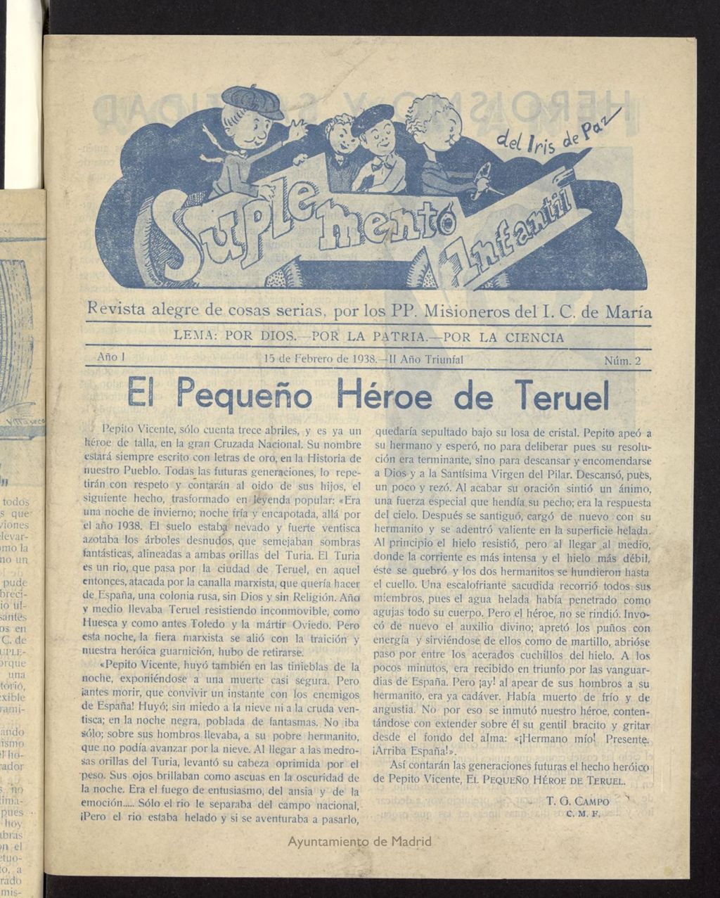 Miniatura de Iris de Paz. Suplemento Infantil : Revista alegre de las cosas serias, por los P.P. Misioneros del Inmaculado Corazón de María del 15 de febreo de1937