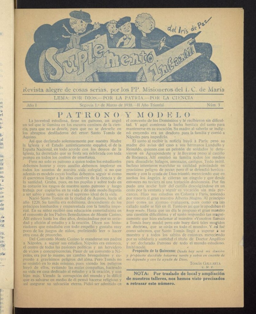 Miniatura de Iris de Paz. Suplemento Infantil : Revista alegre de las cosas serias, por los P.P. Misioneros del Inmaculado Corazón de María del 1 de marzo de 1938