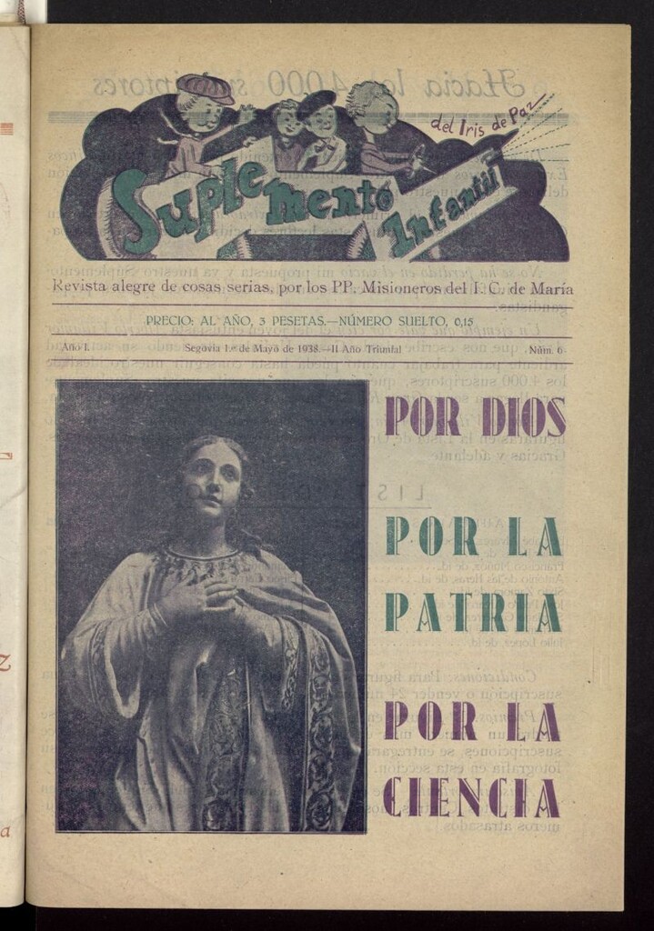 Miniatura de Iris de Paz. Suplemento Infantil : Revista alegre de las cosas serias, por los P.P. Misioneros del Inmaculado Corazón de María del 1 de mayo de 1938