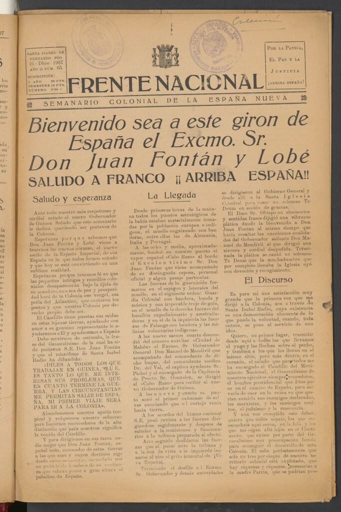 Miniatura de Frente Nacional : semanario colonial de la España nueva del 16 de diciembre de 1937