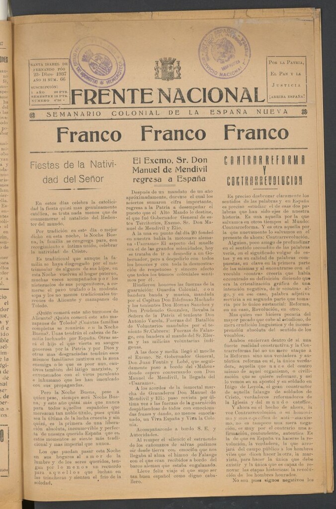 Miniatura de Frente Nacional : semanario colonial de la España nueva del 23 de diciembre de 1937