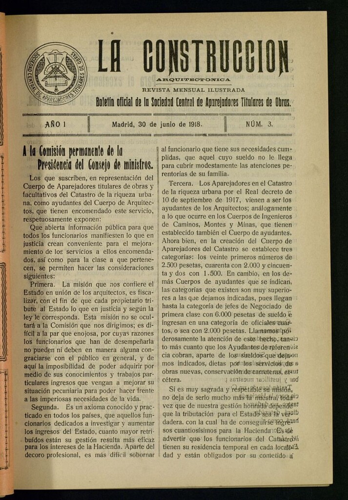 Miniatura de La Construcción : boletín oficial de la Sociedad Central de Aparejadores Titulares de Obras del 30 de junio de 1918