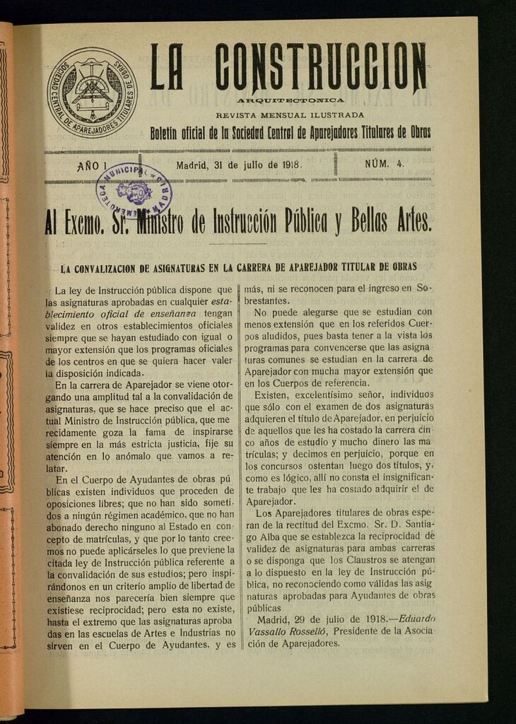 Miniatura de La Construcción : boletín oficial de la Sociedad Central de Aparejadores Titulares de Obras del 31 de julio de 1918