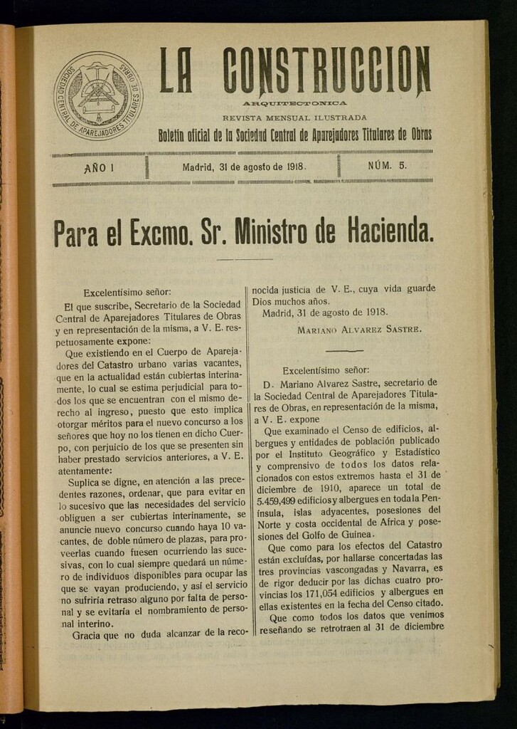 Miniatura de La Construcción : boletín oficial de la Sociedad Central de Aparejadores Titulares de Obras del 31 de agosto de 1918