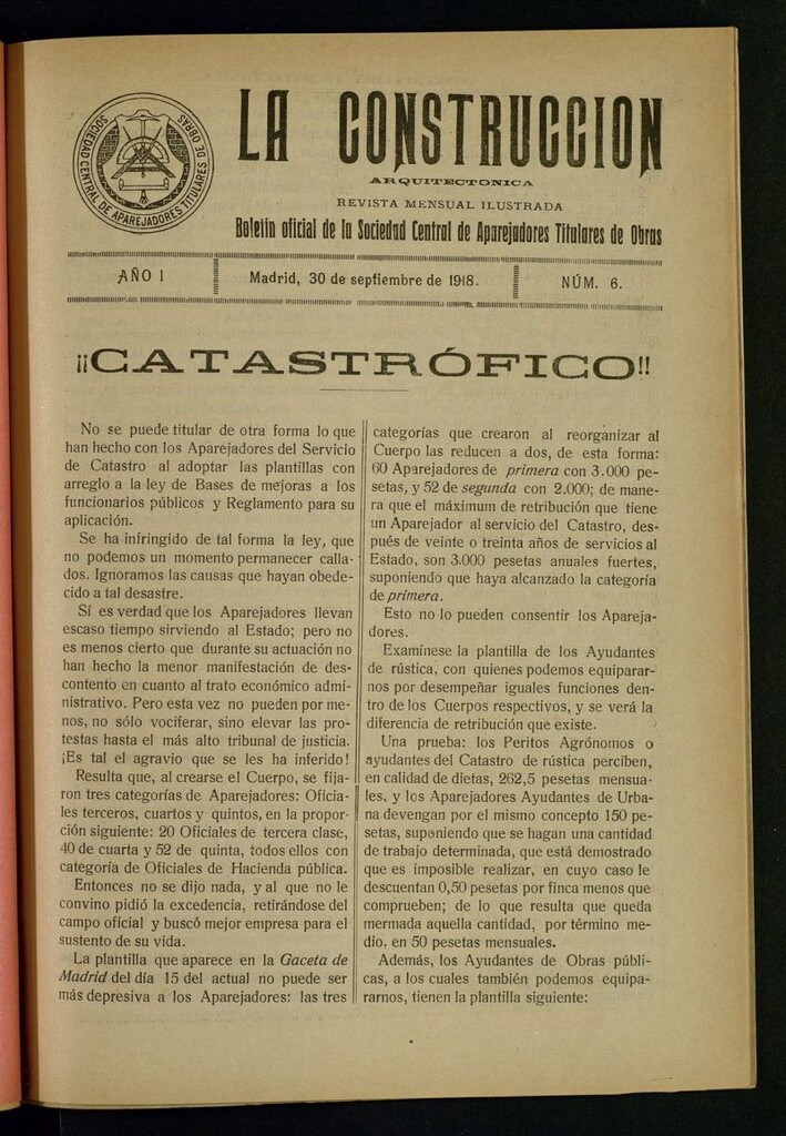 Miniatura de La Construcción : boletín oficial de la Sociedad Central de Aparejadores Titulares de Obras del 30 de septiembre de 1918