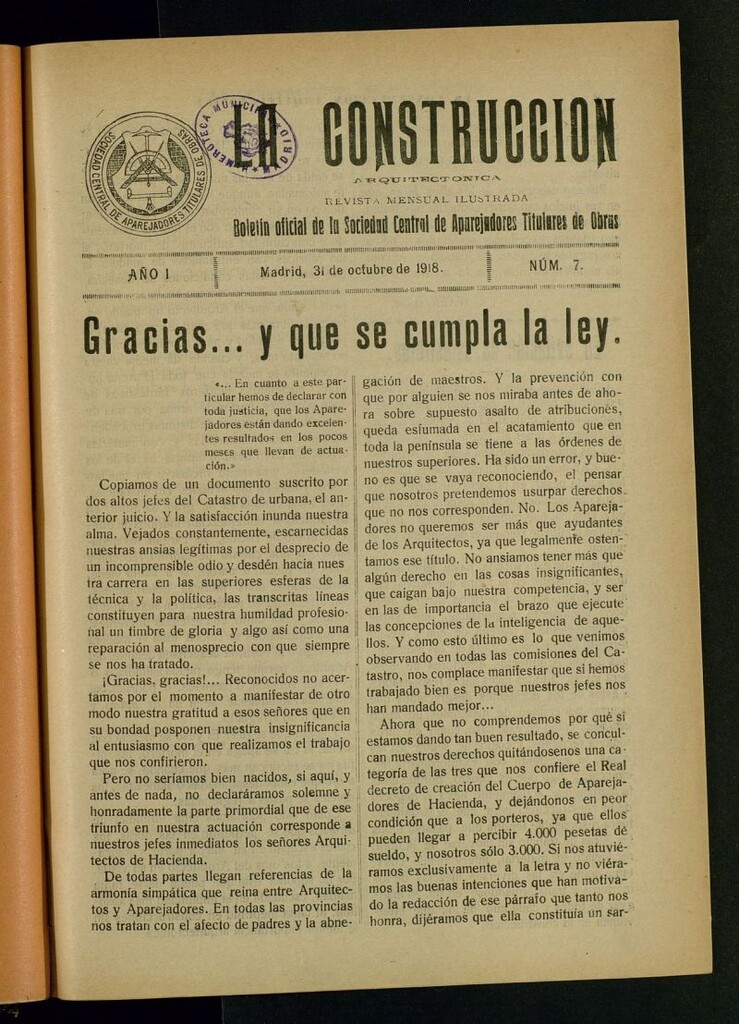 Miniatura de La Construcción : boletín oficial de la Sociedad Central de Aparejadores Titulares de Obras del 31 de octubre de 1918