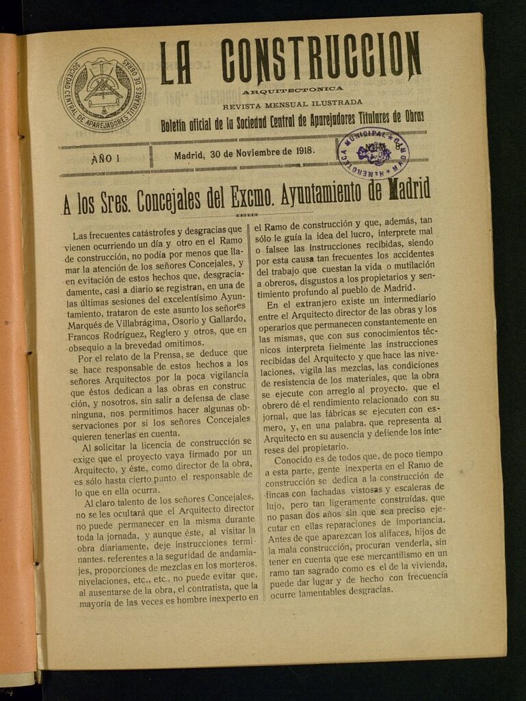 Miniatura de La Construcción : boletín oficial de la Sociedad Central de Aparejadores Titulares de Obras del 30 de noviembre de 1918