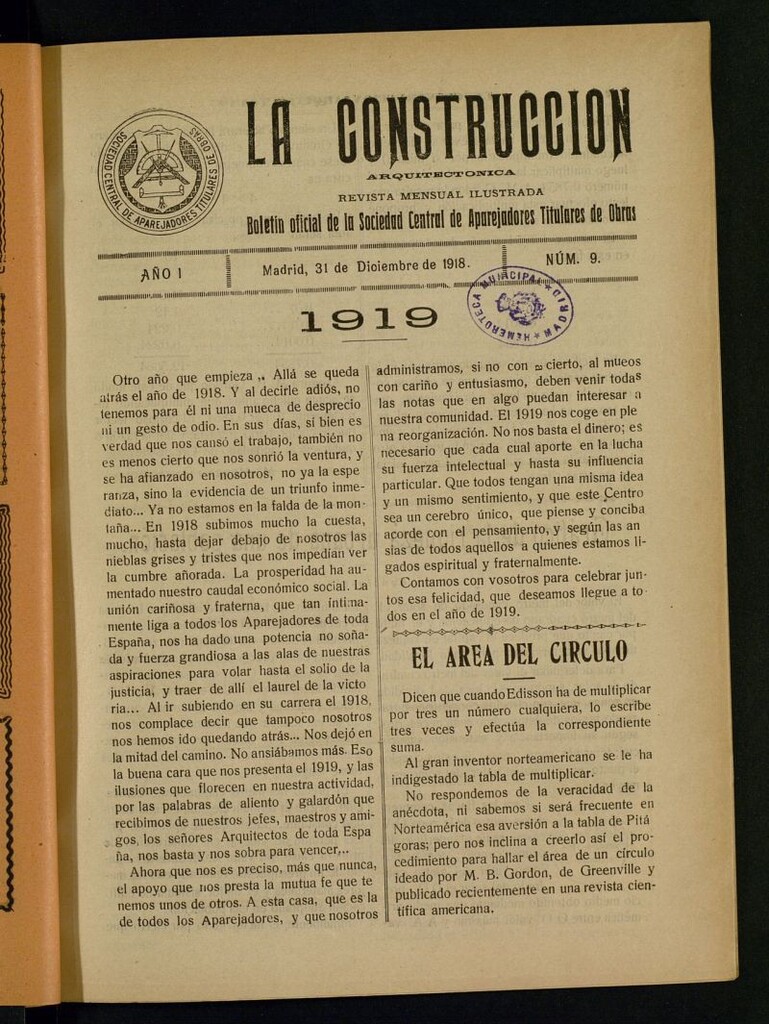 Miniatura de La Construcción : boletín oficial de la Sociedad Central de Aparejadores Titulares de Obras del 31 de diciembre de 1918