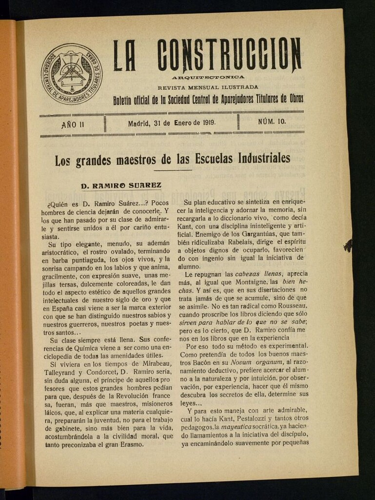 Miniatura de La Construcción : boletín oficial de la Sociedad Central de Aparejadores Titulares de Obras del 31 de enero de 1919