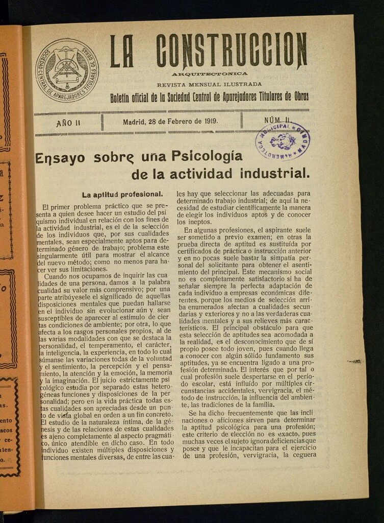 Miniatura de La Construcción : boletín oficial de la Sociedad Central de Aparejadores Titulares de Obras del 28 de febrero de 1919