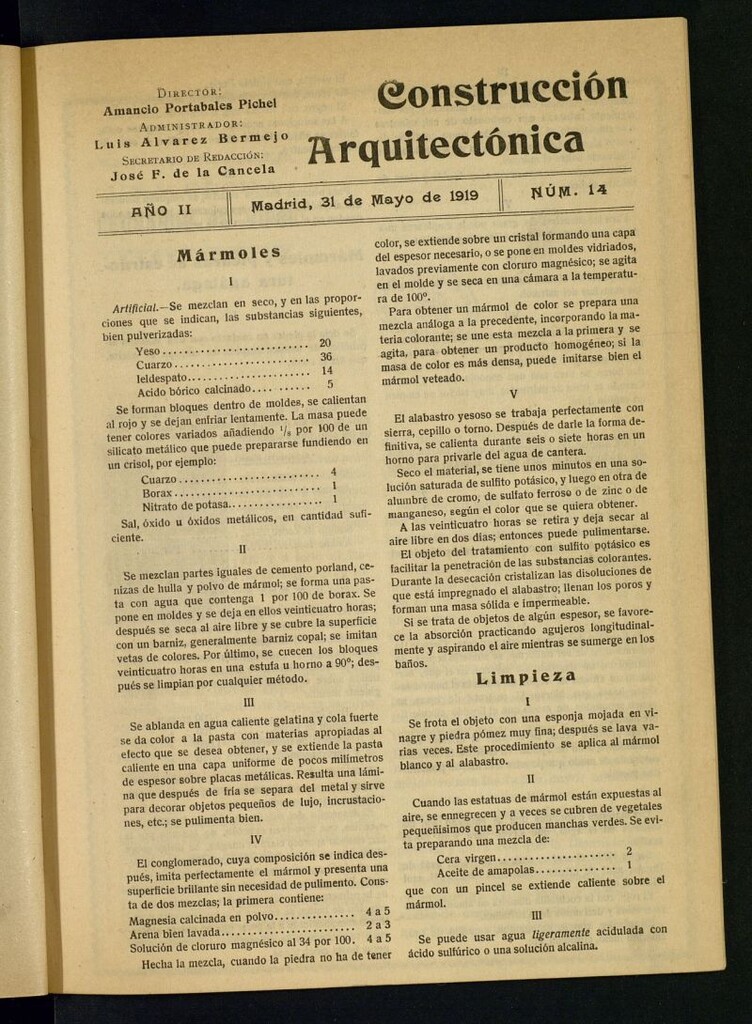 Miniatura de La Construcción : boletín oficial de la Sociedad Central de Aparejadores Titulares de Obras del 31 de mayo de 1919