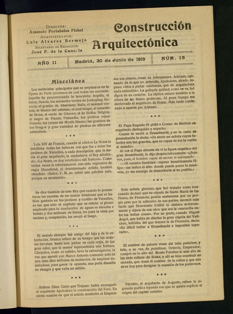 Miniatura de La Construcción : boletín oficial de la Sociedad Central de Aparejadores Titulares de Obras del 30 de junio de 1919