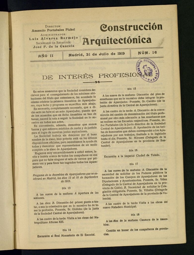 Miniatura de La Construcción : boletín oficial de la Sociedad Central de Aparejadores Titulares de Obras del 31 de julio de 1919