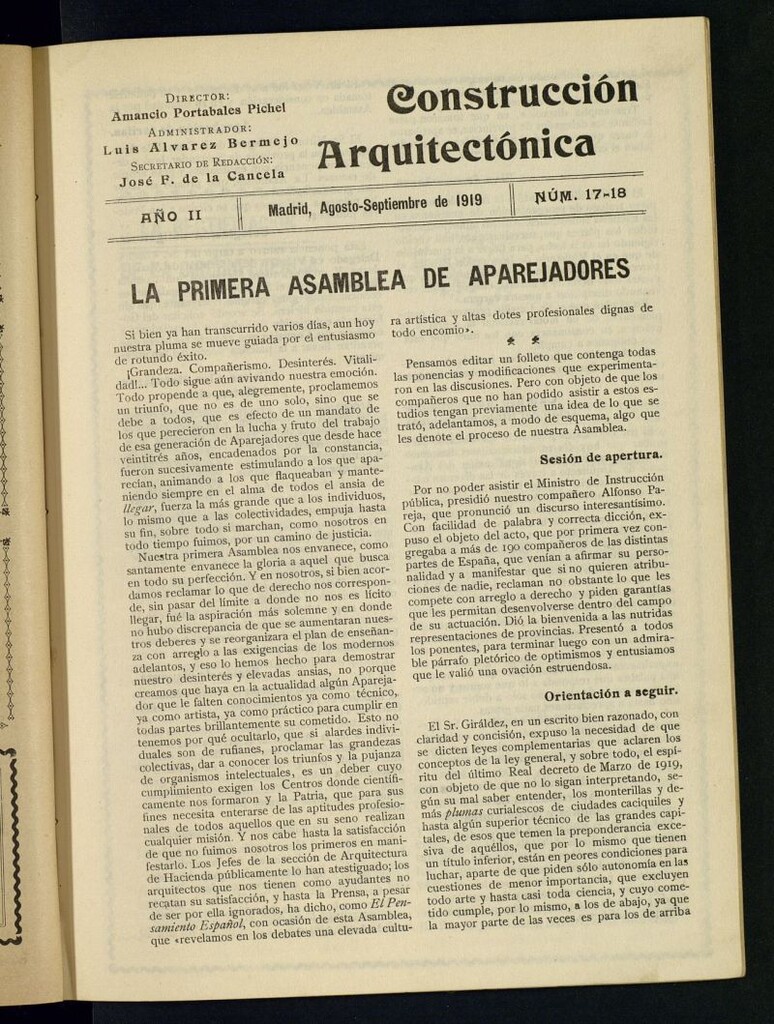 Miniatura de La Construcción : boletín oficial de la Sociedad Central de Aparejadores Titulares de Obras de agosto-septiembre de 1919