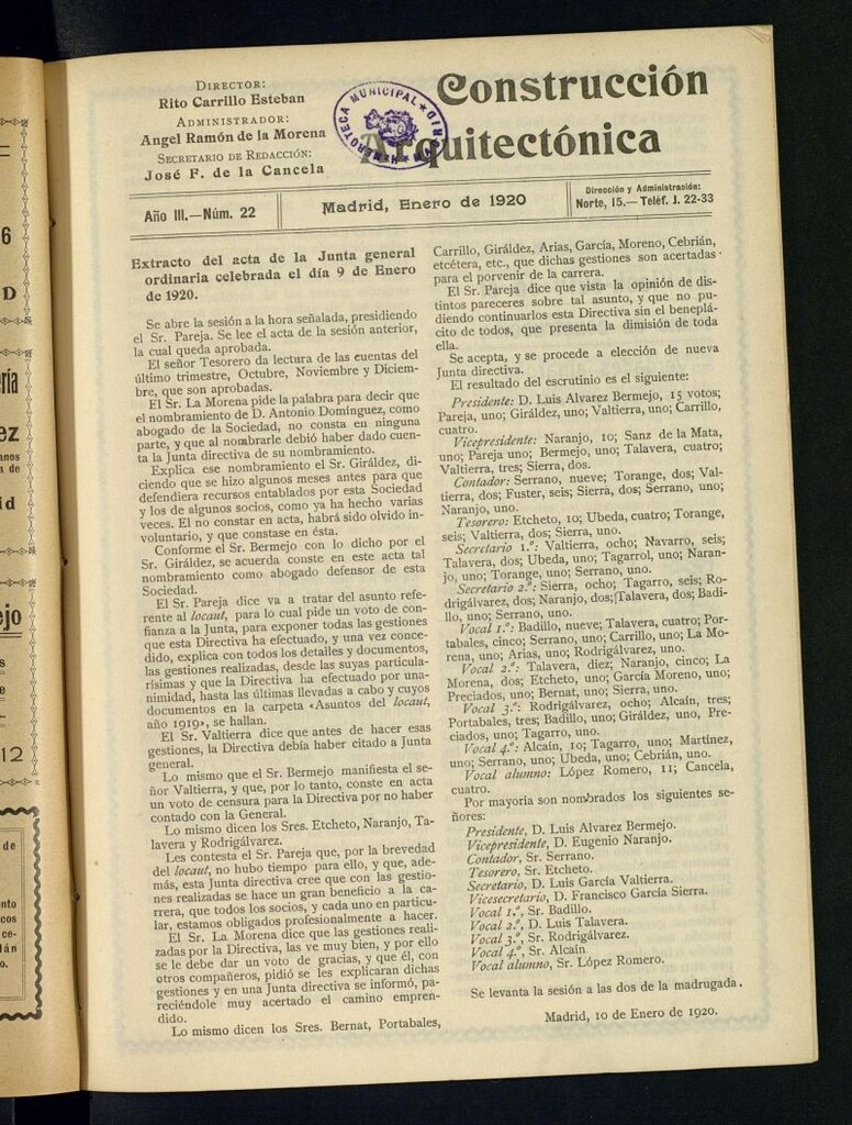 Miniatura de La Construcción : boletín oficial de la Sociedad Central de Aparejadores Titulares de Obras de enero de 1920