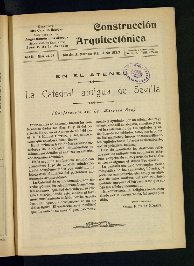Miniatura de La Construcción : boletín oficial de la Sociedad Central de Aparejadores Titulares de Obras de marzo-abril de 1920
