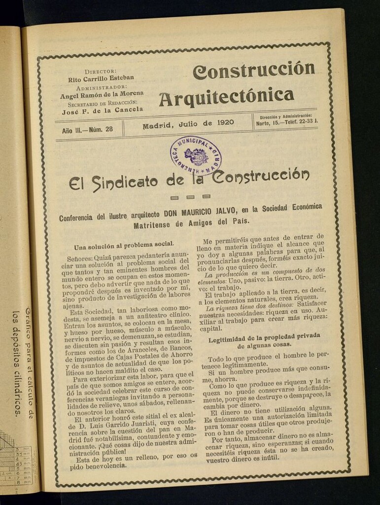 Miniatura de La Construcción : boletín oficial de la Sociedad Central de Aparejadores Titulares de Obras de julio de 1920