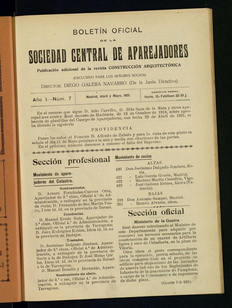 Miniatura de La Construcción : boletín oficial de la Sociedad Central de Aparejadores Titulares de Obras de abril-mayo de 1921