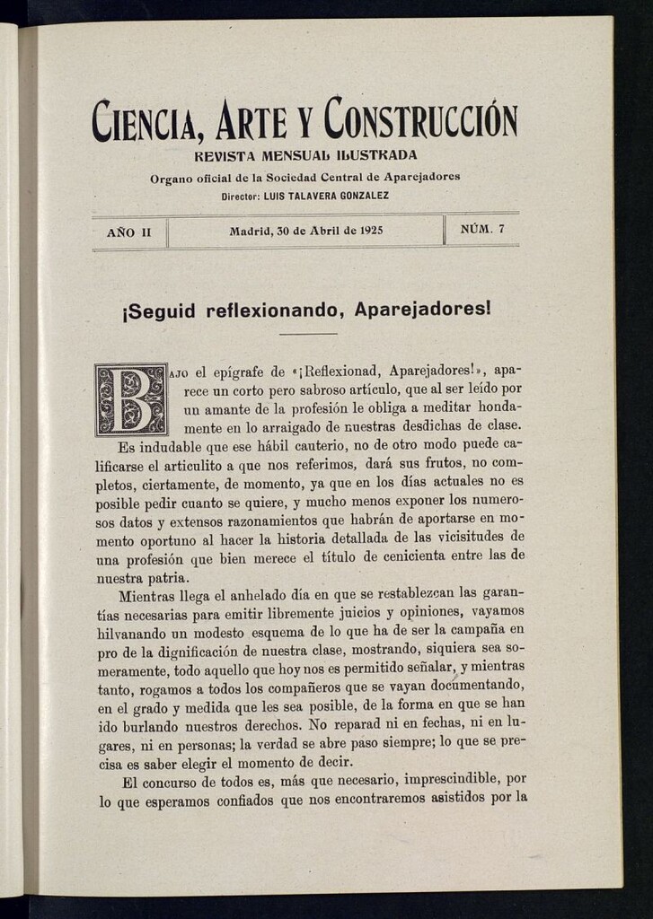 Miniatura de Industria y Construcción: revista mensual ilustrada. Órgano de la Sociedad Central de Aparejadores del 30 de abril de 1925