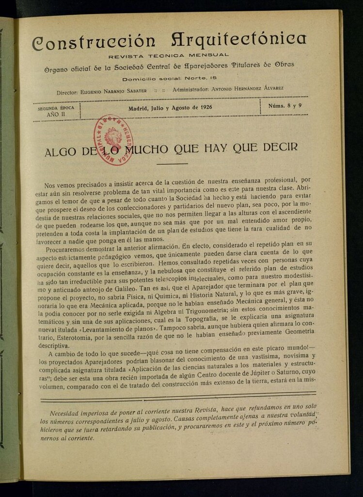 Miniatura de Construcción arquitectónica: revista técnica mensual de julio y agosto de 1926