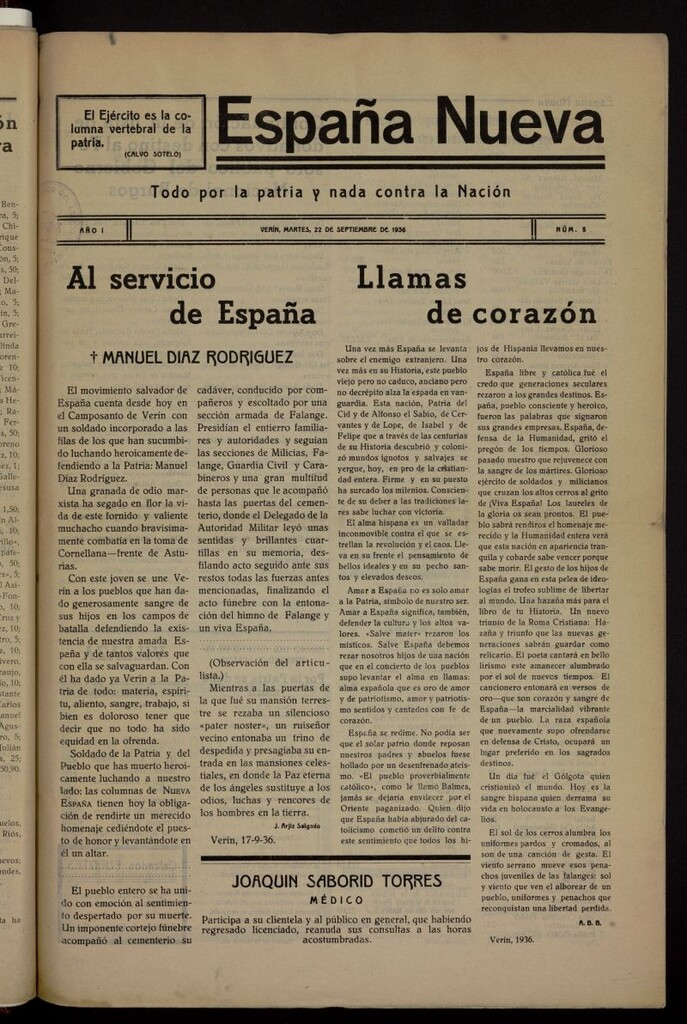 Miniatura de España nueva : todo por la patria y nada contra la Nación del 22 de septiembre de 1936