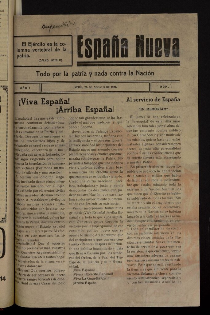 Miniatura de España nueva : todo por la patria y nada contra la Nación del 20 de agosto de 1936