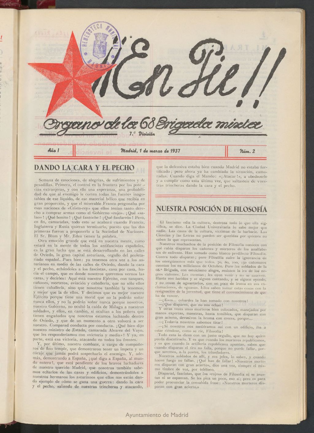 Miniatura de ¡¡En pie!! : Órgano de la 68 Brigada Mixta, 7ª División del 1 de marzo de 1937
