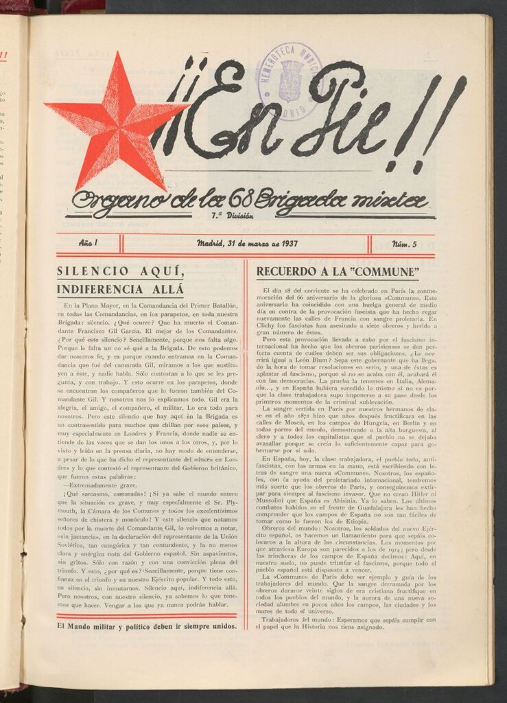 Miniatura de ¡¡En pie!! : Órgano de la 68 Brigada Mixta, 7ª División del 31 de marzo de 1937