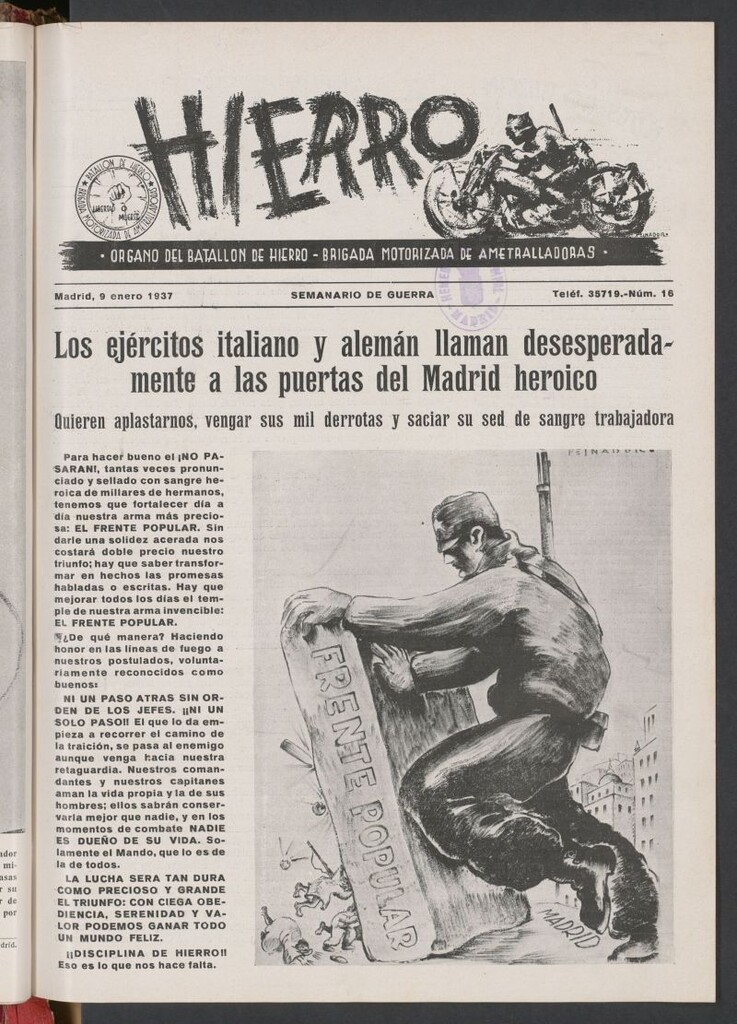 Miniatura de Hierro : órgano del Batallón de Hierro, Brigada Motorizada de Ametralladoras : semanario de guerra del 9 de enero de 1937