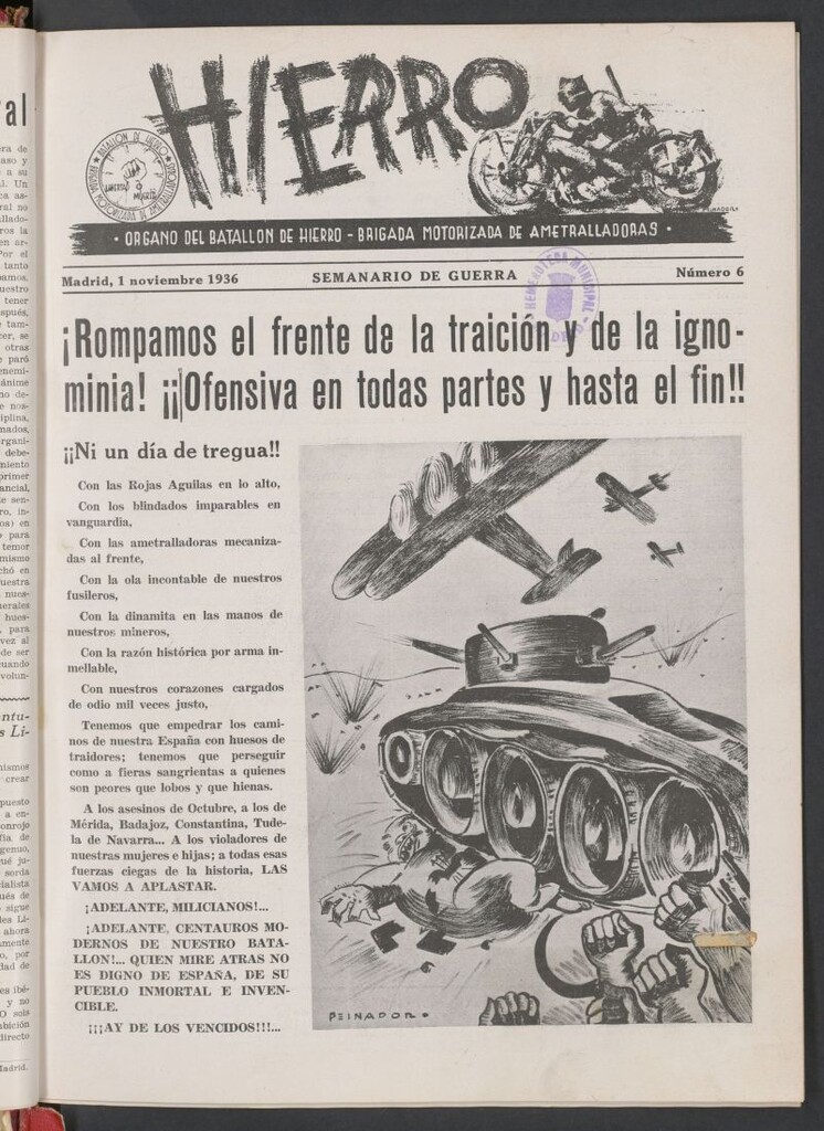 Miniatura de Hierro : órgano del Batallón de Hierro, Brigada Motorizada de Ametralladoras : semanario de guerra del 1 de noviembre de 1936