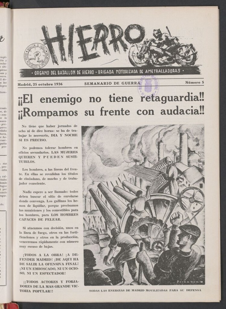 Miniatura de Hierro : órgano del Batallón de Hierro, Brigada Motorizada de Ametralladoras : semanario de guerra del 25 de octubre de 1936