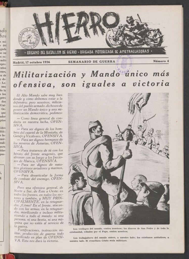 Miniatura de Hierro : órgano del Batallón de Hierro, Brigada Motorizada de Ametralladoras : semanario de guerra del 17 de octubre de 1936