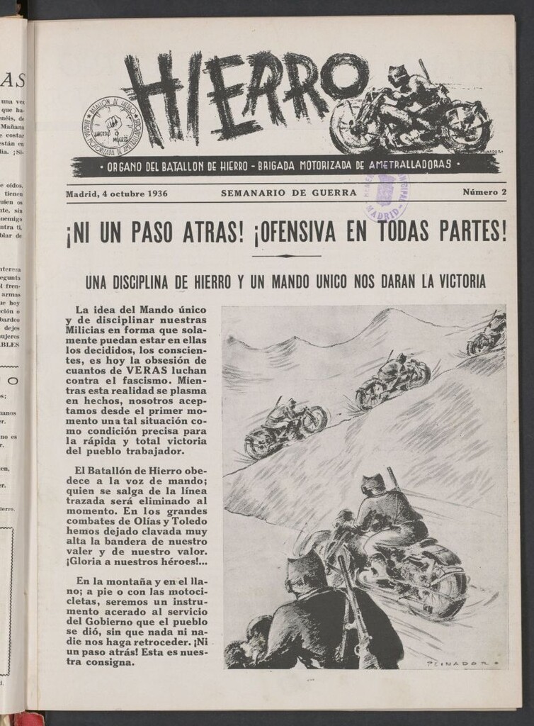 Miniatura de Hierro : órgano del Batallón de Hierro, Brigada Motorizada de Ametralladoras : semanario de guerra del 4 de octubre de 1936