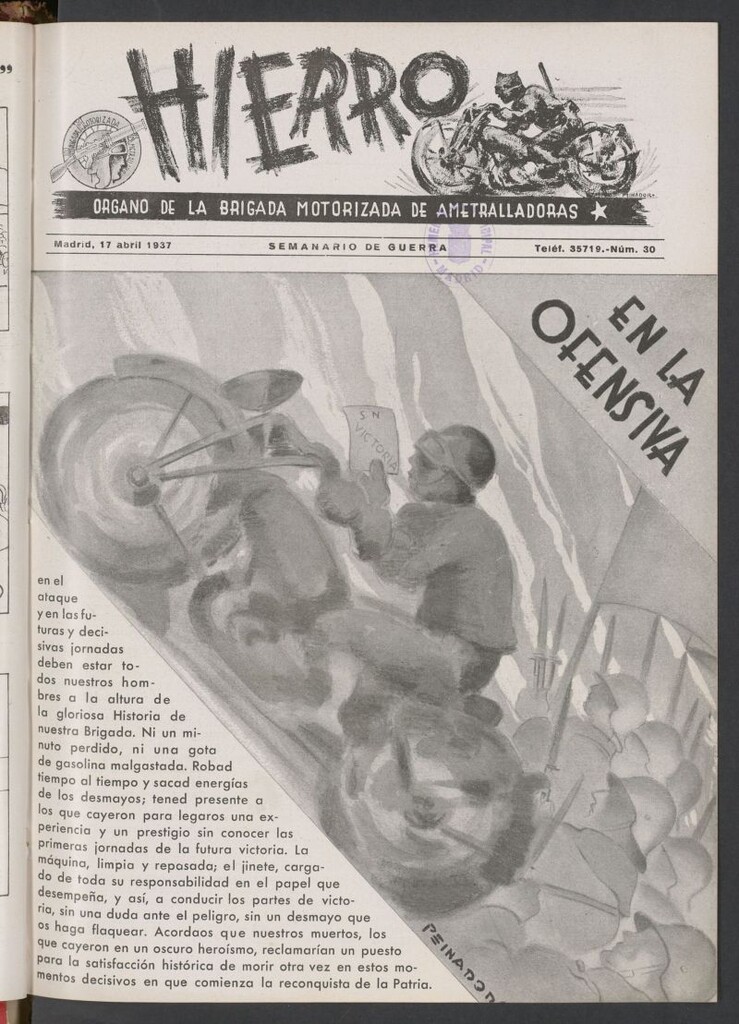 Miniatura de Hierro : órgano del Batallón de Hierro, Brigada Motorizada de Ametralladoras : semanario de guerra del 17 de abril de 1937