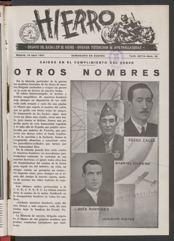 Miniatura de Hierro : órgano del Batallón de Hierro, Brigada Motorizada de Ametralladoras : semanario de guerra del 10 de abril de 1937