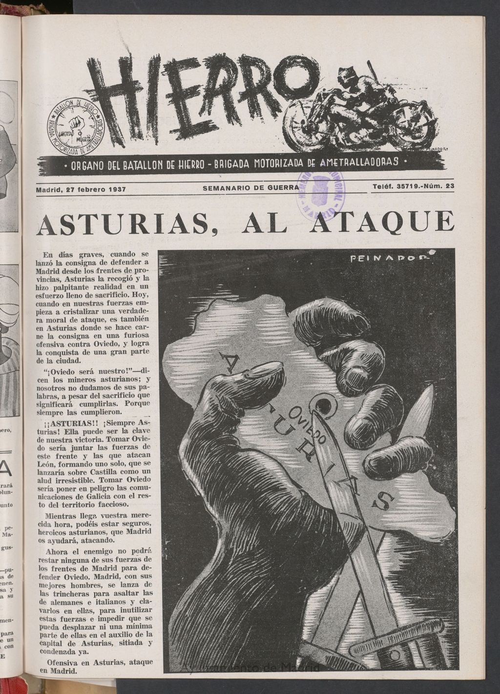 Miniatura de Hierro : órgano del Batallón de Hierro, Brigada Motorizada de Ametralladoras : semanario de guerra del 27 de febrero de 1937