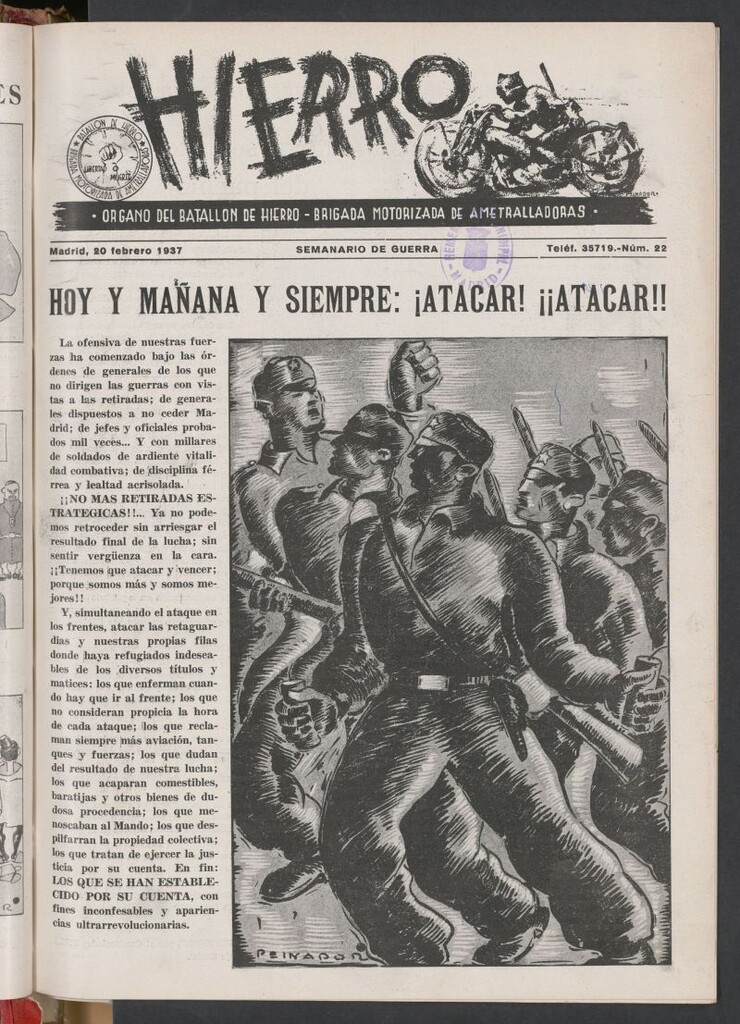 Miniatura de Hierro : órgano del Batallón de Hierro, Brigada Motorizada de Ametralladoras : semanario de guerra del 20 de febrero de 1937