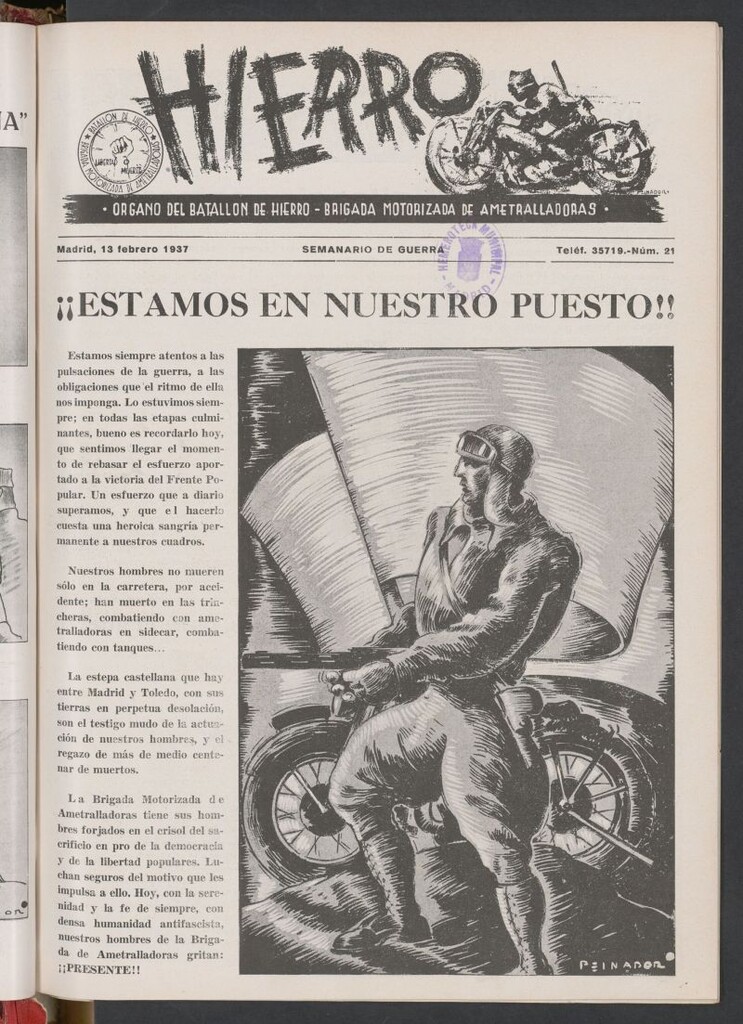 Miniatura de Hierro : órgano del Batallón de Hierro, Brigada Motorizada de Ametralladoras : semanario de guerra del 13 de febrero de 1937