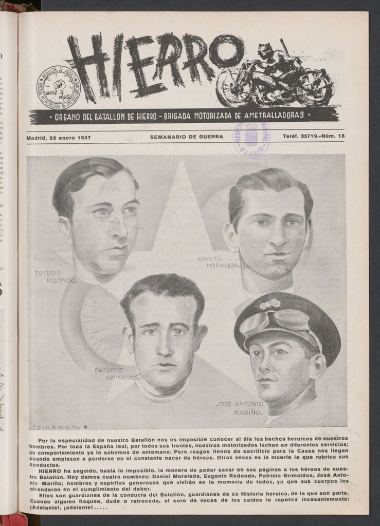 Miniatura de Hierro : órgano del Batallón de Hierro, Brigada Motorizada de Ametralladoras : semanario de guerra del 23 de enero de 1937