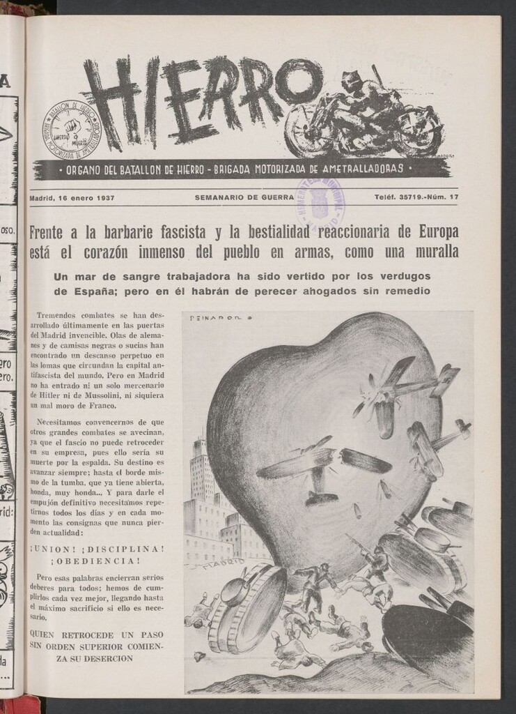 Miniatura de Hierro : órgano del Batallón de Hierro, Brigada Motorizada de Ametralladoras : semanario de guerra del 16 de enero de1937