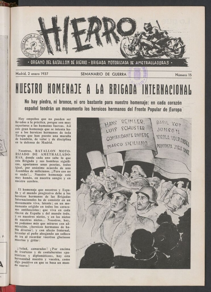 Miniatura de Hierro : órgano del Batallón de Hierro, Brigada Motorizada de Ametralladoras : semanario de guerra del 2 de enero de 1937