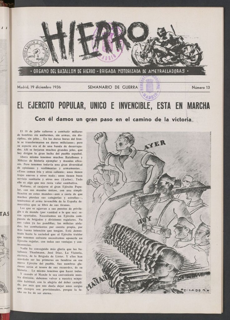Miniatura de Hierro : órgano del Batallón de Hierro, Brigada Motorizada de Ametralladoras : semanario de guerra del 19 de diciembre de 1936